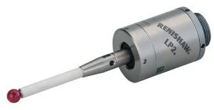 A cylindrical metal device with an attached white rod, labeled Renishaw LP2.