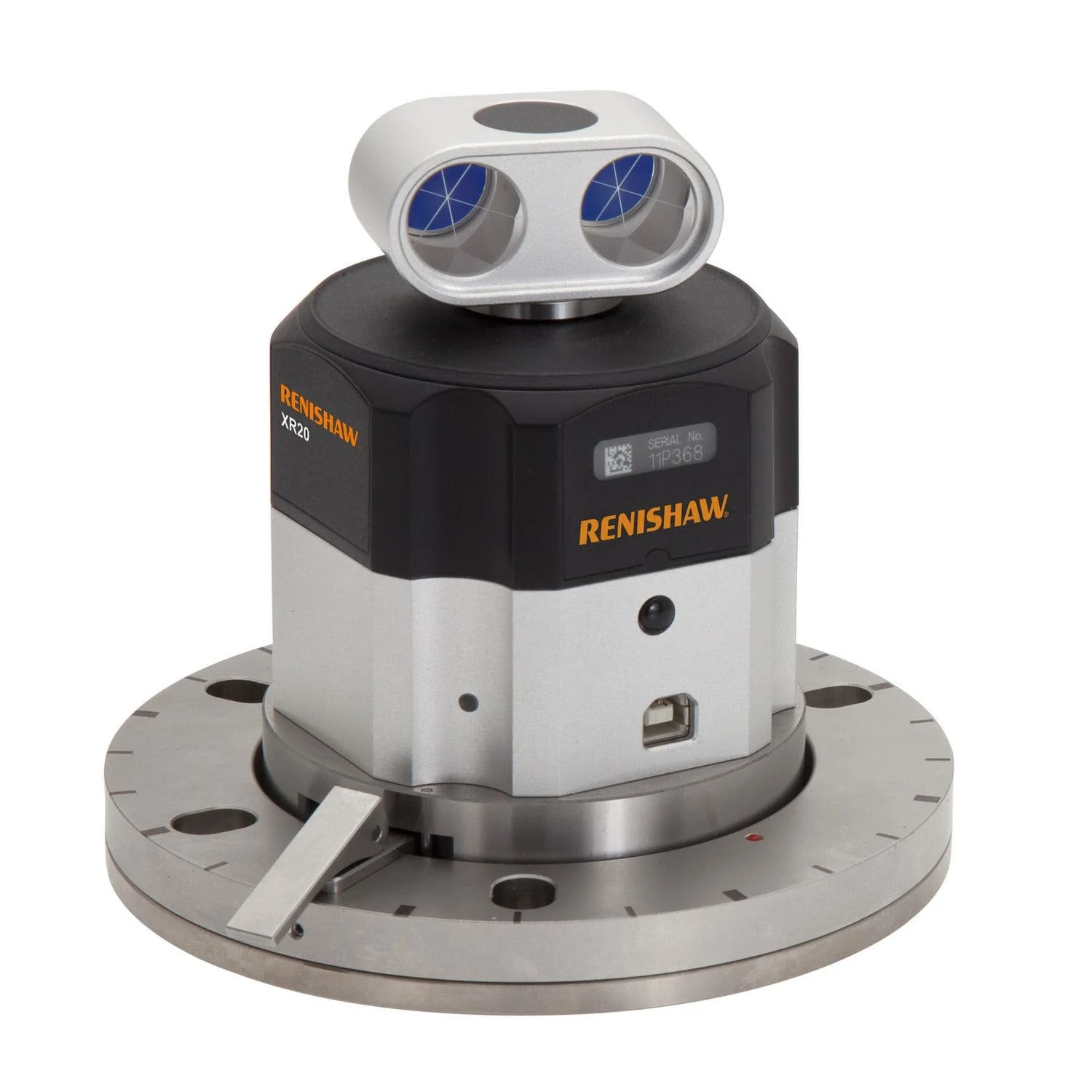 Laser measurement device with circular base and adjustable arm, branded with Renishaw, used for precise industrial measurements. XR20 Renishaw