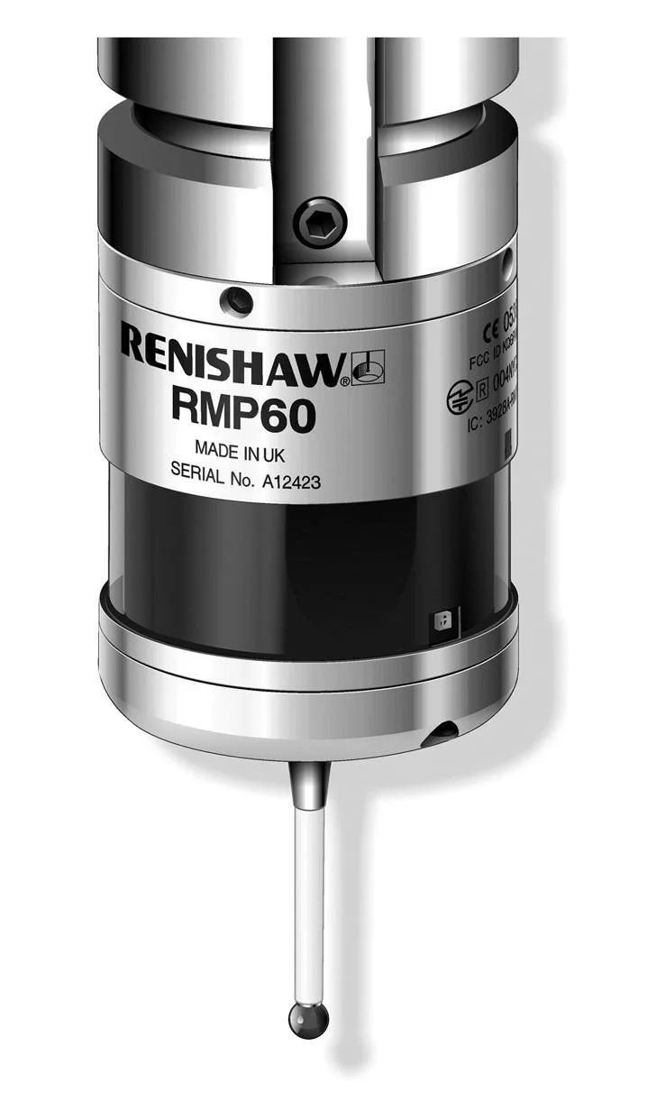 Close-up of a Renishaw RMP60 touch probe, a precision measurement tool with a metallic body, used in CNC machining to detect contact points.