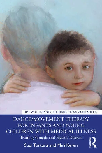 A painting of a young boy with short curly hair resting his chin on an older person's shoulder, with a light blue background and a book cover in the lower part.