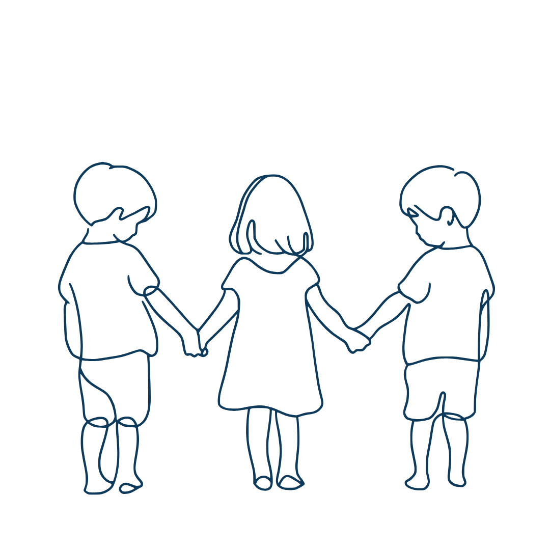 Outline drawing of three children holding hands and forming a circle.