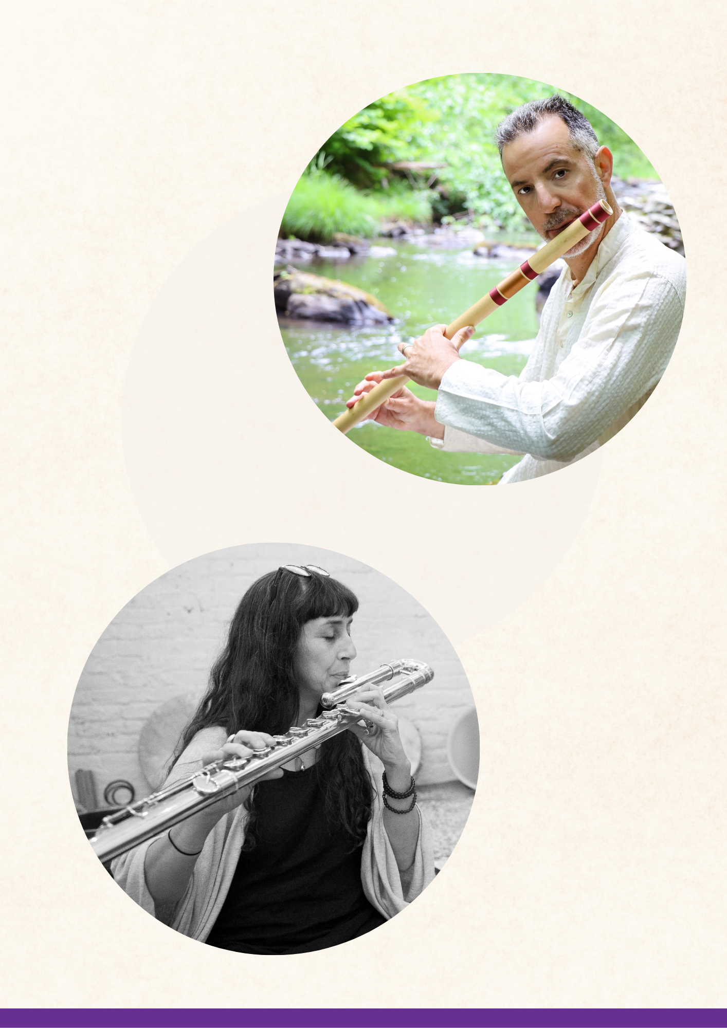 Two musicians playing flutes indoors and outdoors.