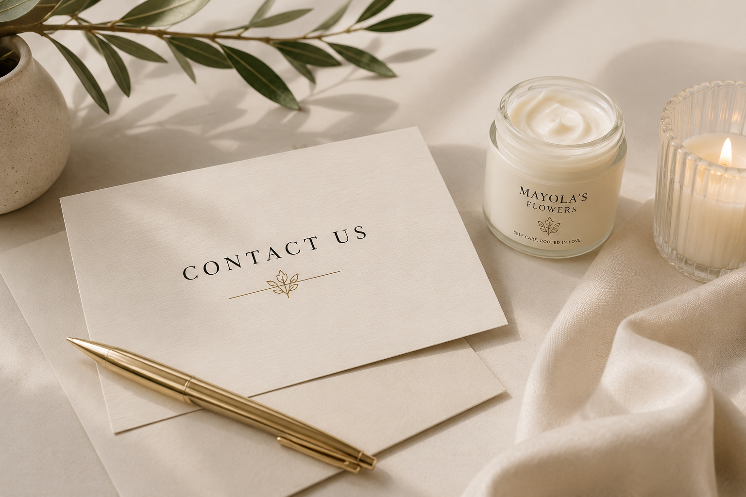 A contact us card, a gold pen, a candle in a glass holder, a jar of cream labeled "Mayola's Flowers," a lit candle, and a green plant in a beige pot on a white surface.