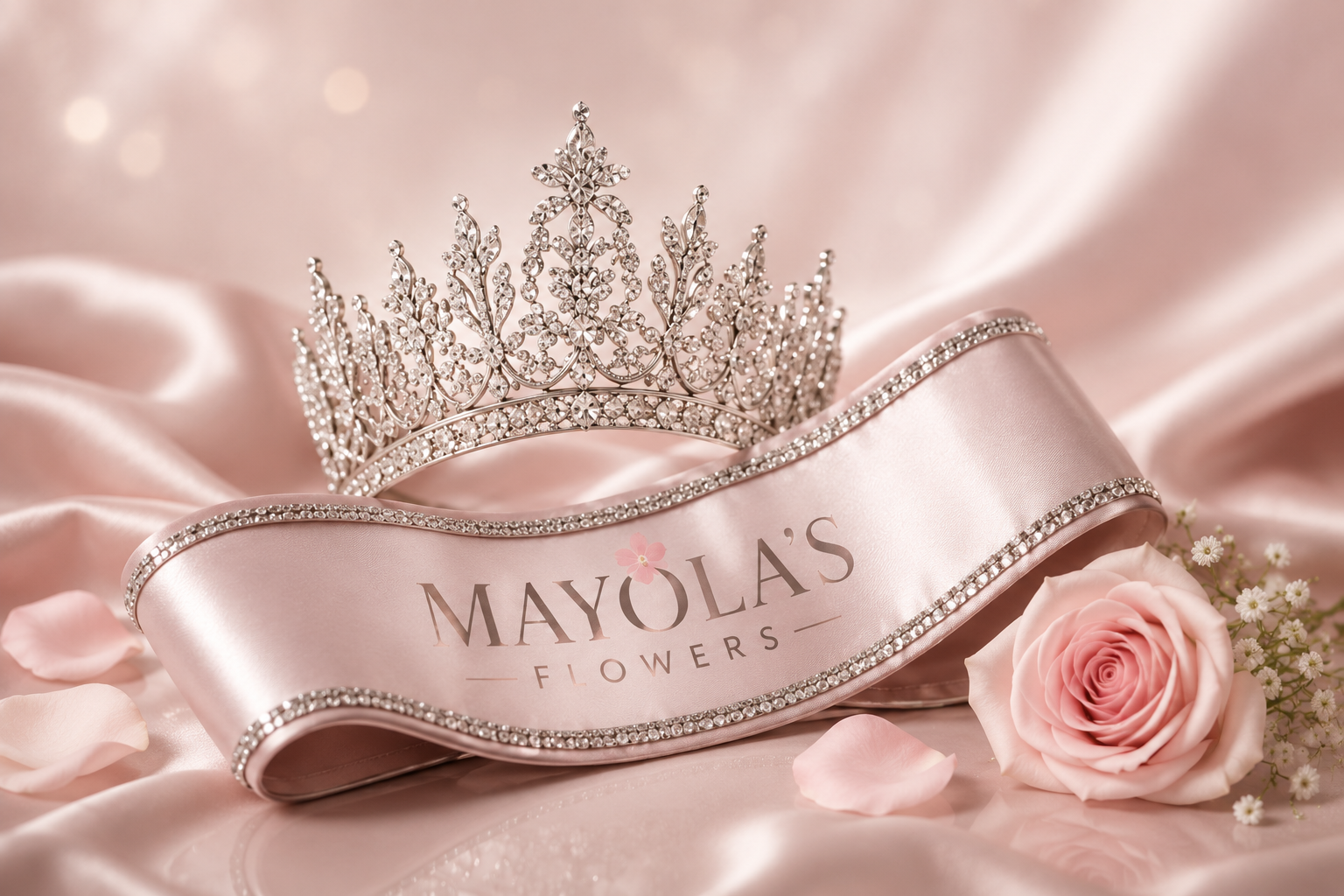 A sparkling tiara, pink satin sash with 'Mayola's Flowers' written on it, a pink rose, and scattered flower petals on pink satin fabric.