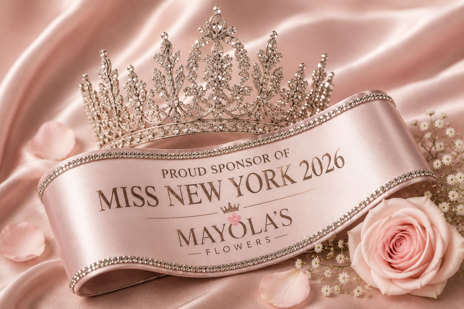 A silver tiara, a pink satin sash with the text "Proud Sponsor of Miss New York 2026" and "Mayola's Flowers," a pink rose, and scattered pink petals and small white flowers on pink satin fabric.