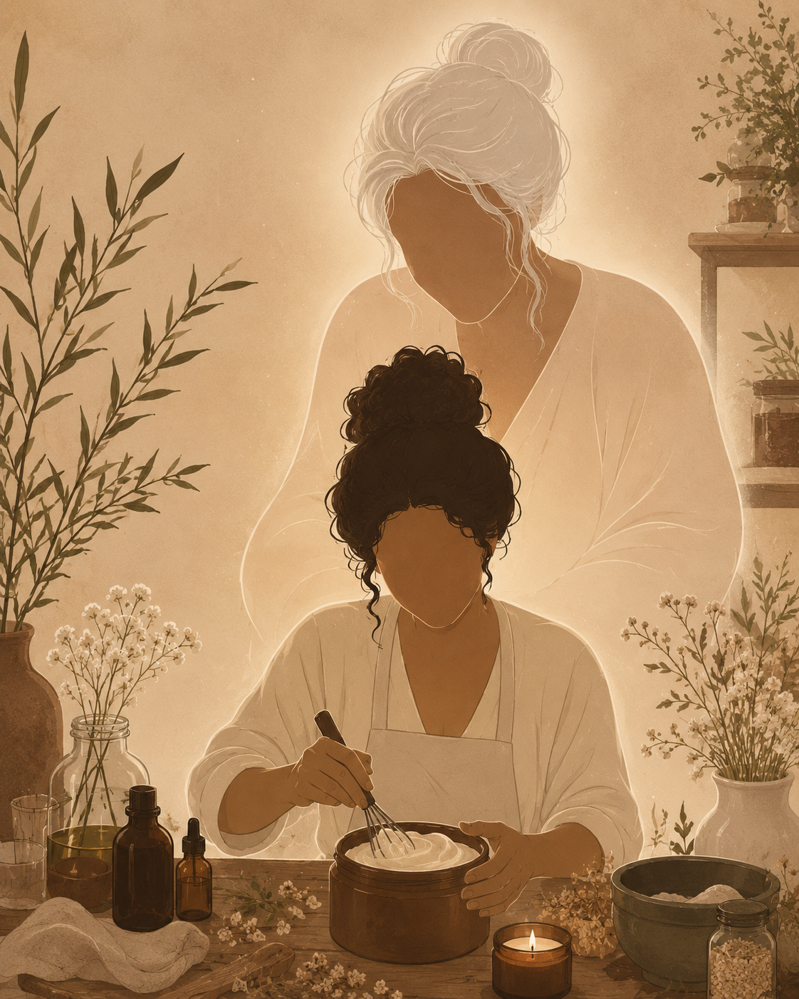 An illustration of a woman with curly hair preparing a natural remedy or potion, with a woman with gray hair watching over her, surrounded by plants and flowers in a warm, cozy setting.