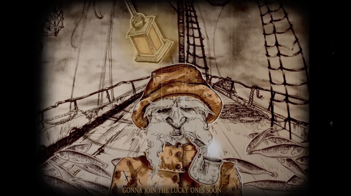 Illustration of a pirate with a beard and hat smoking a pipe on a ship deck surrounded by fish, with a lantern hanging above, and the text 'GONNA JOIN THE LUCKY ONES SOON' at the bottom.