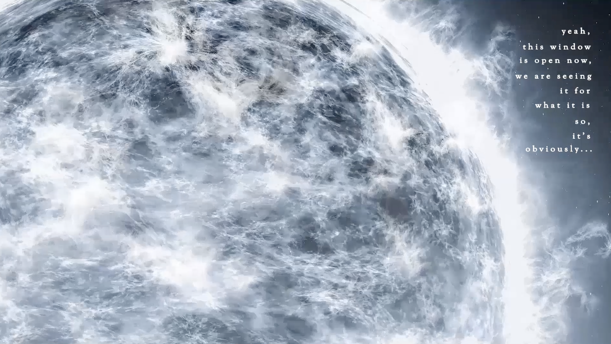 A view of turbulent ocean waves with white foam and splashes, viewed through a window, with text overlay mentioning the window being open and observing the water.