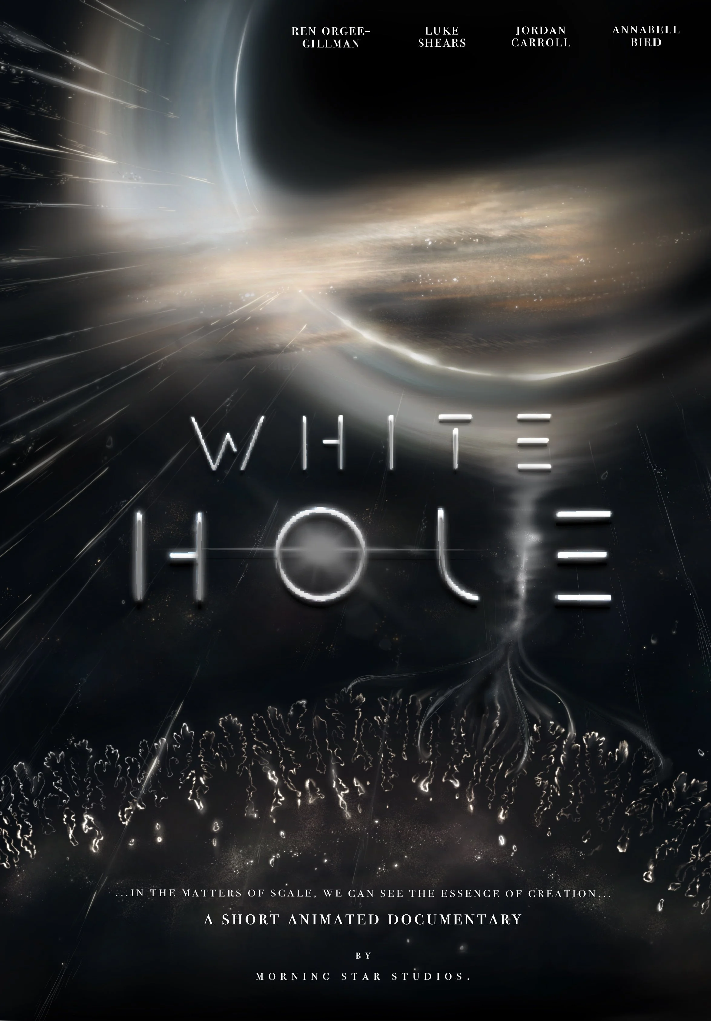Poster for the short animated documentary 'White Hole' showing a cosmic scene with a black hole and space imagery, and text with the director's names and film description.