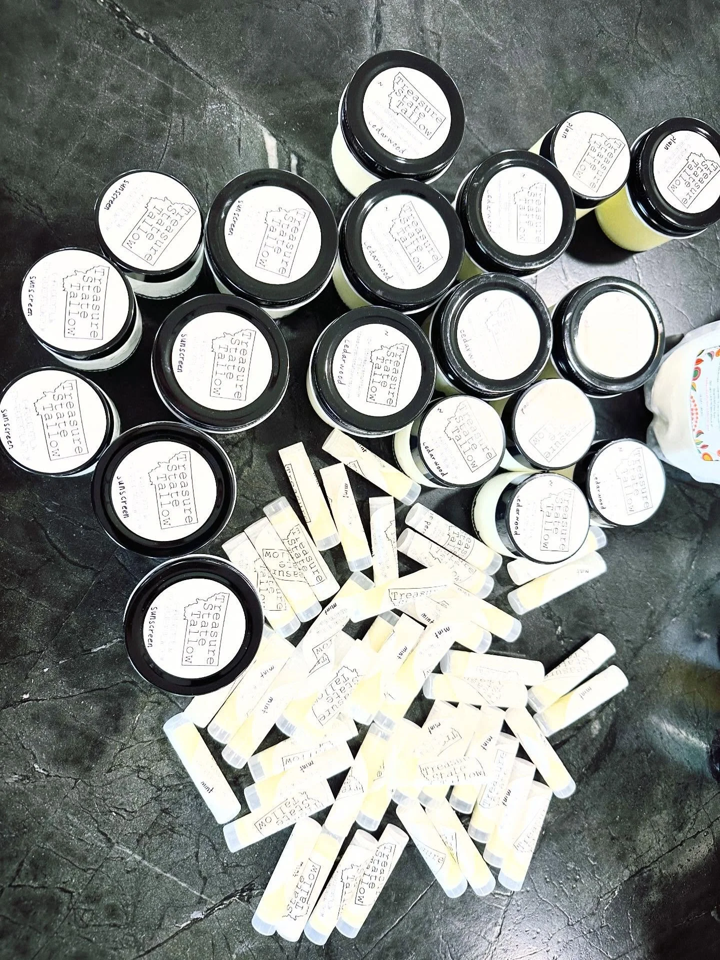 A few of our offerings:

Whipped cedarwood tallow- skin moisturizer, can help with acne and eczema, promotes hair growth and a healthy scalp, or use as a natural insect repellant 

Whipped tallow sunscreen- can pronounce ingredients, 25SPF, non-nano 