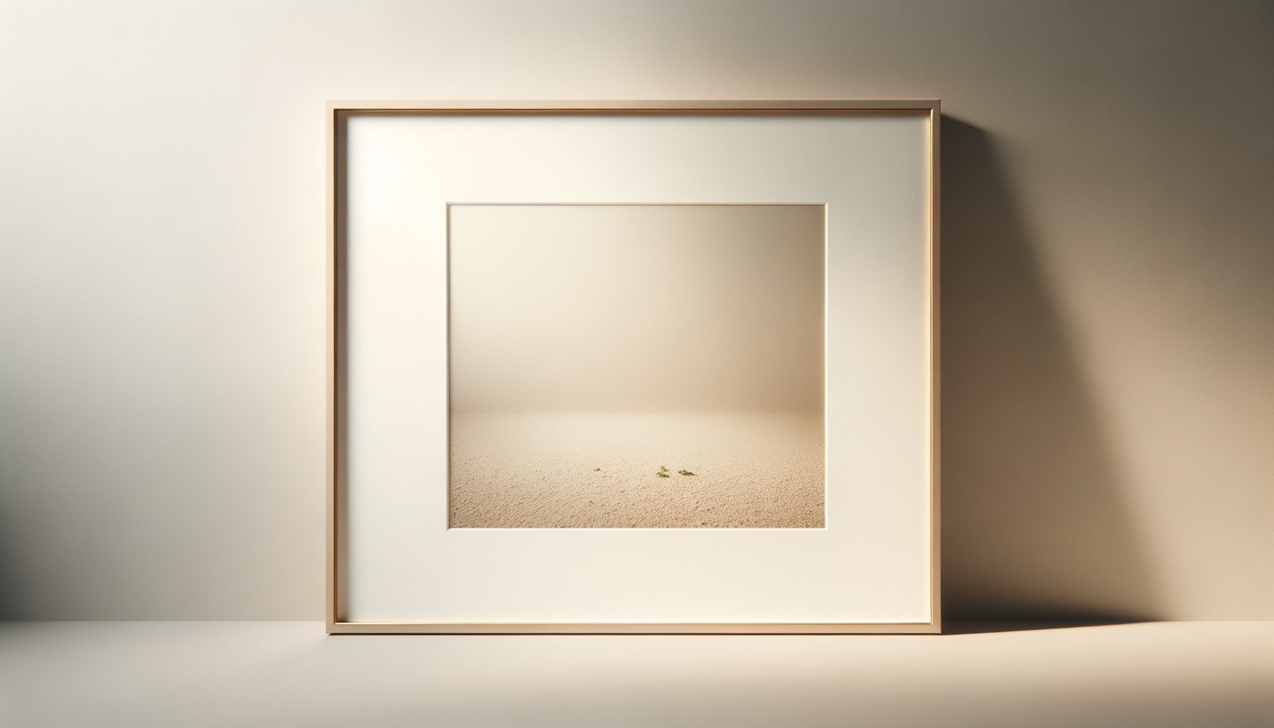 A white frame with a smaller inner square, displayed on a neutral wall, showing a sandy surface with a few sparse green plants.