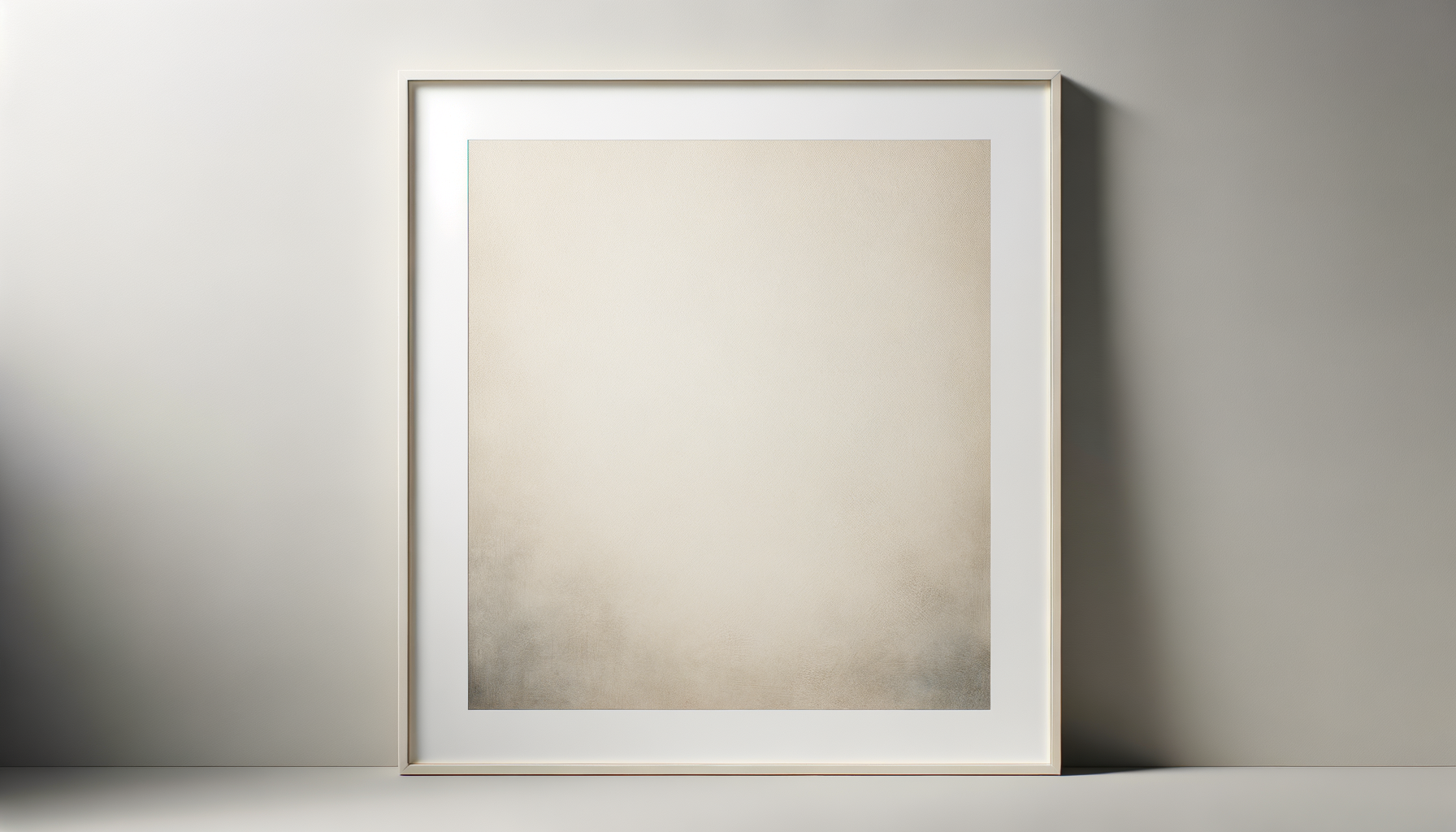 Empty beige canvas or paper framed and leaning against a wall.