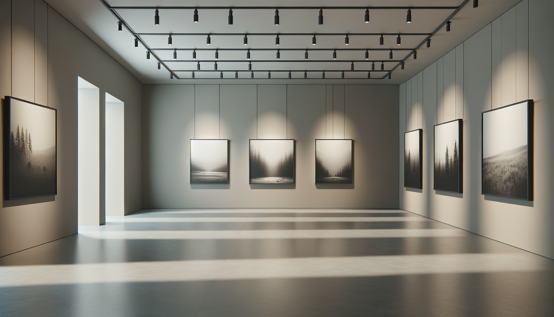 Art gallery with framed black and white landscape photographs on white walls, natural light streaming in through windows, and ceiling track lighting.