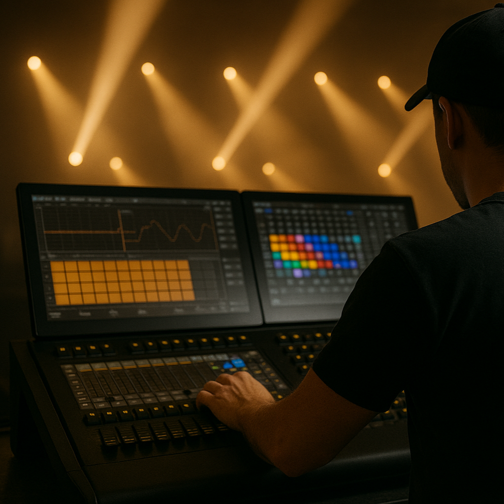 Personne travaillant sur un système lumineux avec deux écrans, dans une salle de spectacle ou de concert avec des projecteurs allumés.