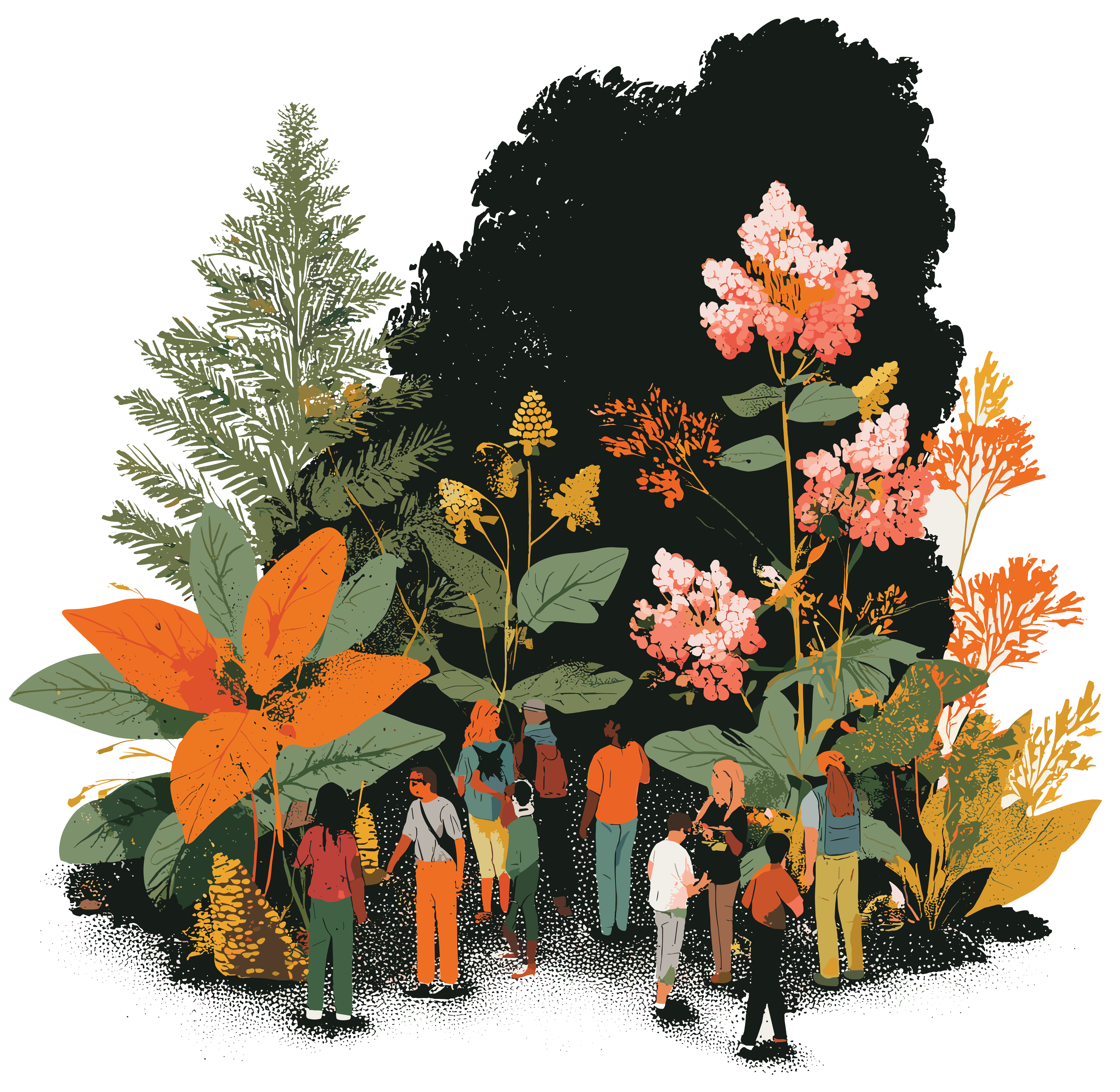 Illustration of people gathered among large colorful autumn leaves and plants with various shades of green, orange, pink, and yellow.