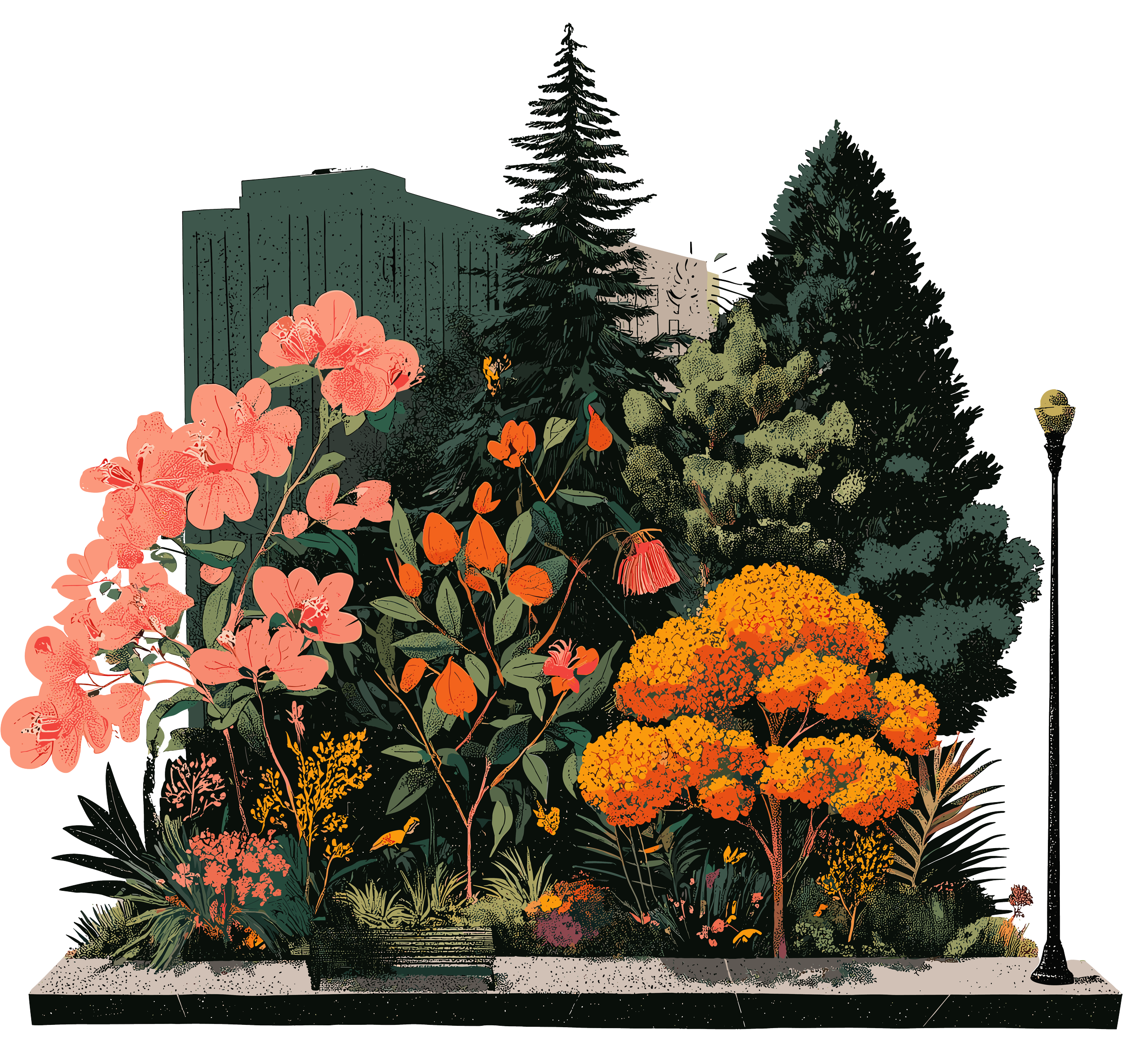 Illustration of a colorful urban park with trees, flowers, and a lamppost, with buildings in the background.