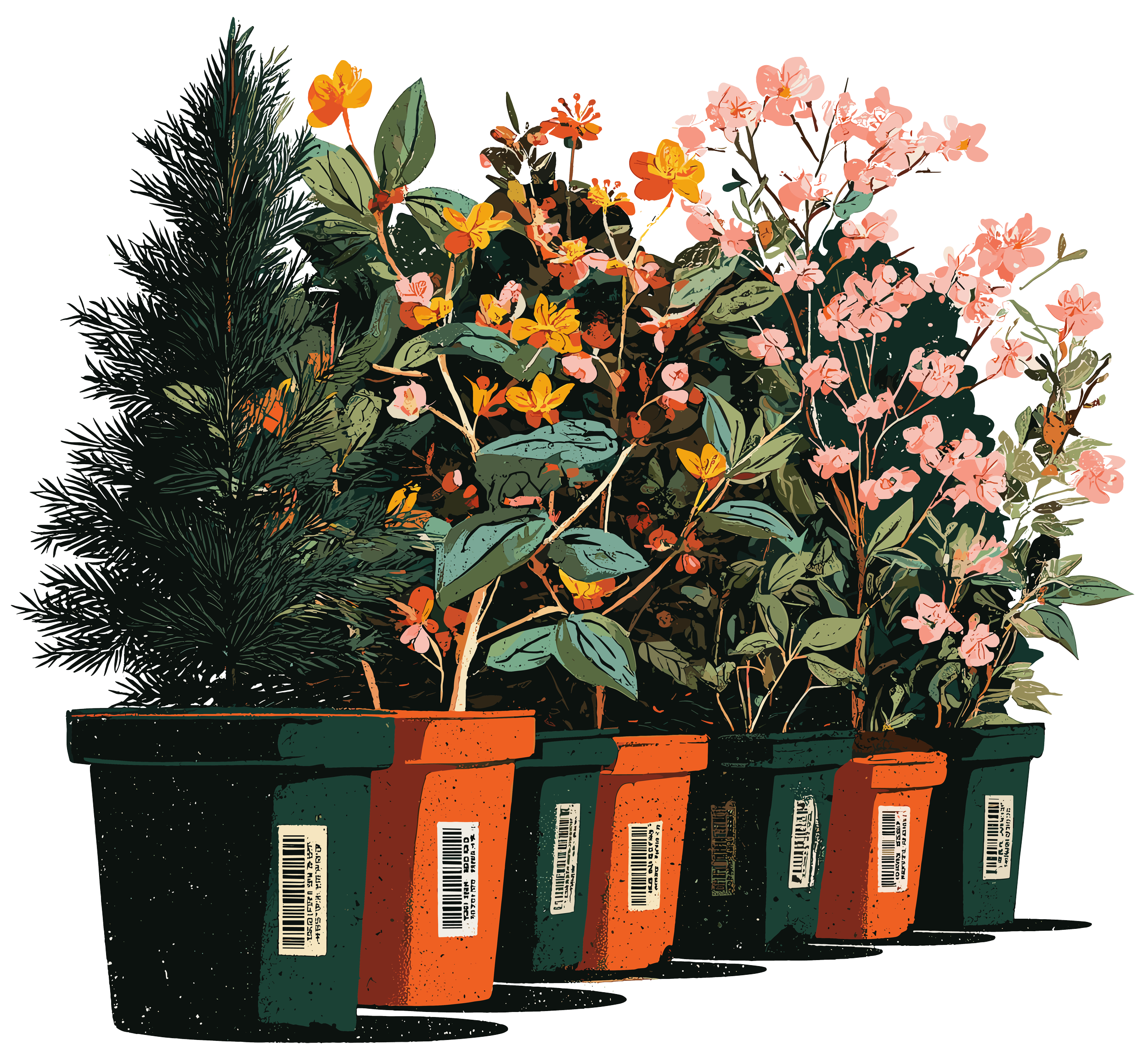 Five potted plants with colorful flowers and green leaves, lined up against a white and black background.