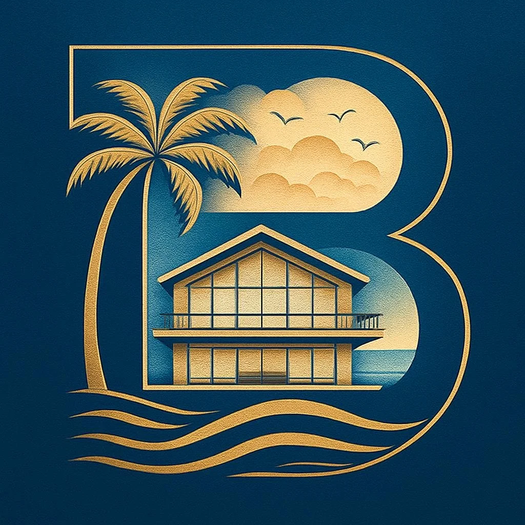 Gold and navy illustration of a palm tree, a house on stilts over water, and a sunset with birds