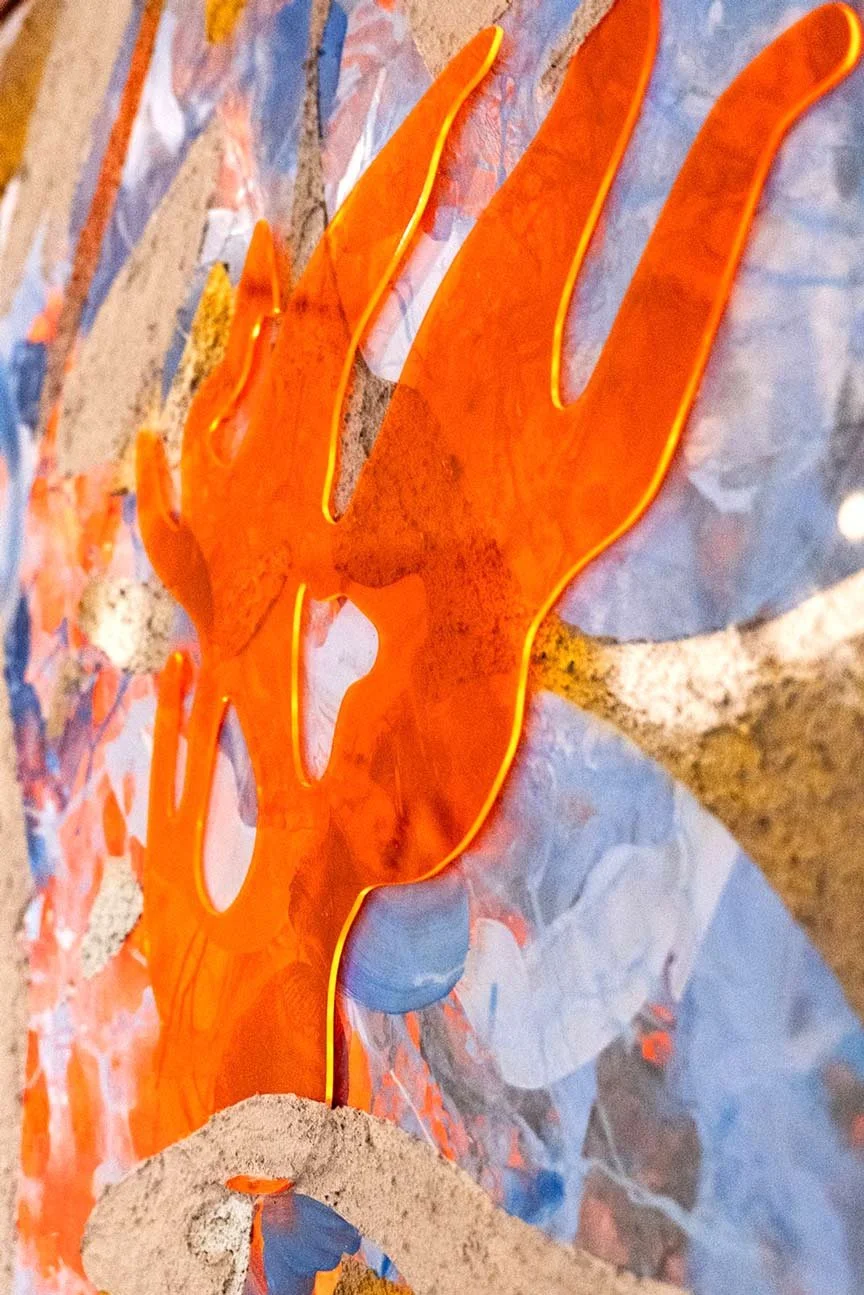  Shedding Excess and Sharing Resources  (detail)  
Spray paint on pumice, acrycast, and acrylic on panel 
48 x 36 in.  
2024