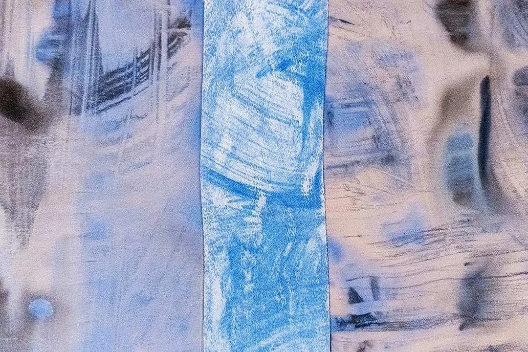  The Fragility of Stillness  (detail) 
Organza and Acryclic on duchess satin, hand sewn 
36 x 48 in.  
2024