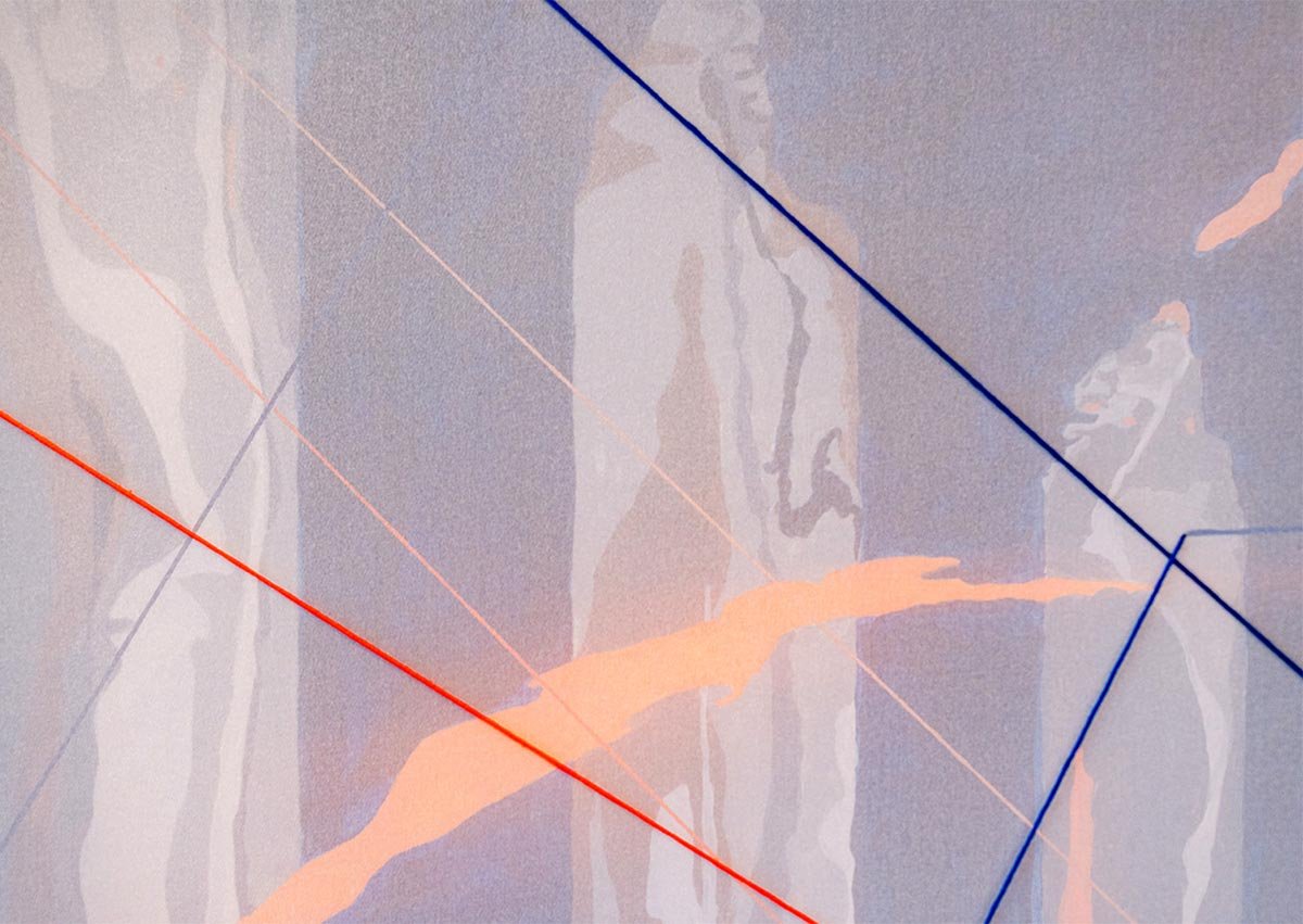  Filaments in Equilibrium  (detail)  
Silk and cotton thread embroidered on organza, acrylic on panel 
48 x 48 x 3 in.  
2024