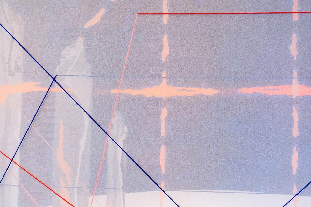  Filaments in Equilibrium  (detail)  
Silk and cotton thread embroidered on organza, acrylic on panel 
48 x 48 x 3 in.  
2024