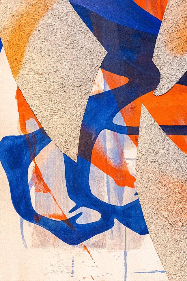  awake & listening  (detail) 
Spray paint on pumice and acrylic on duchess satin 
48 x 36 in.  
2024