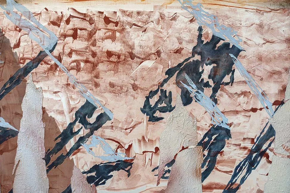  Survivor Qualities  (detail)  
Spray paint on pumice and acrylic on duchess satin 
48 x 48 in.  
2024