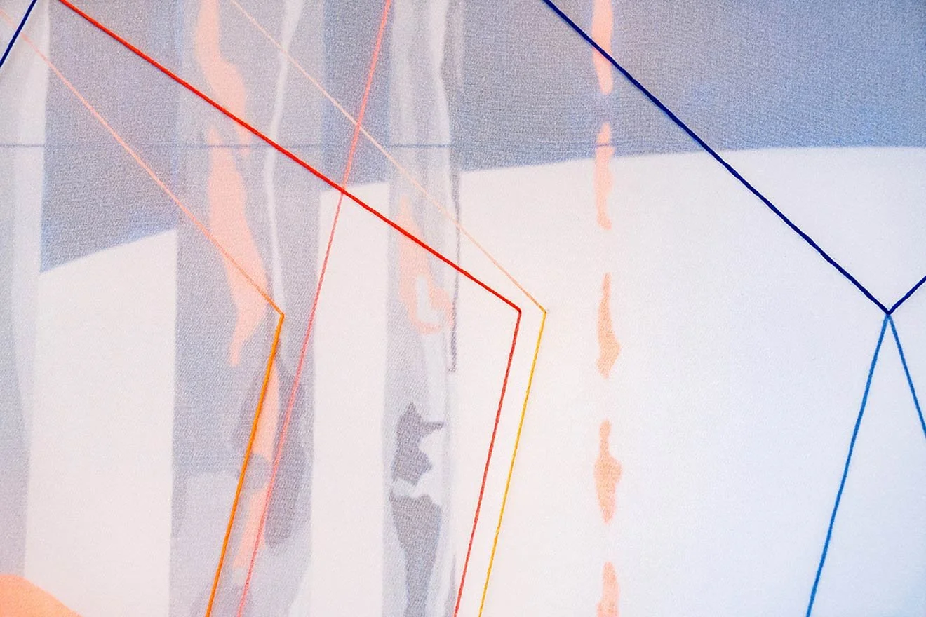  Filaments in Equilibrium  (detail)  
Silk and cotton thread embroidered on organza, acrylic on panel 
48 x 48 x 3 in.  
2024