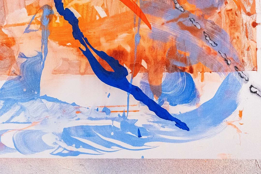  And When it All Erupts  (detail) 
Spray paint on pumice and acrylic on duchess satin 
36 x 48 in.  
2024