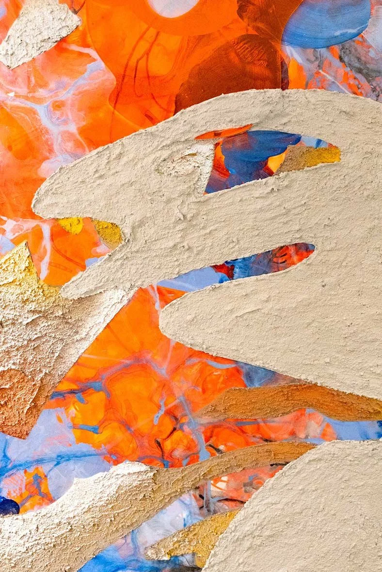  Shedding Excess and Sharing Resources  (detail)  
Spray paint on pumice, acrycast, and acrylic on panel 
48 x 36 in.  
2024