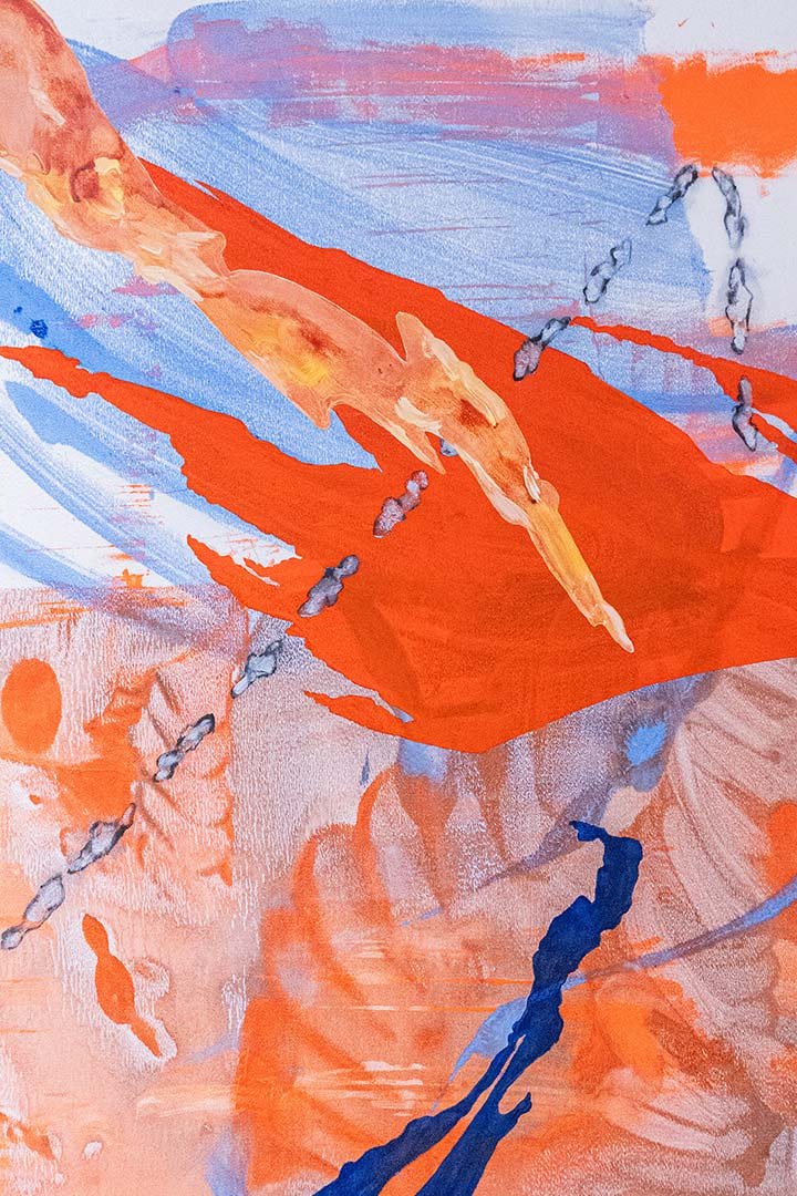  And When it All Erupts  (detail) 
Spray paint on pumice and acrylic on duchess satin 
36 x 48 in.  
2024