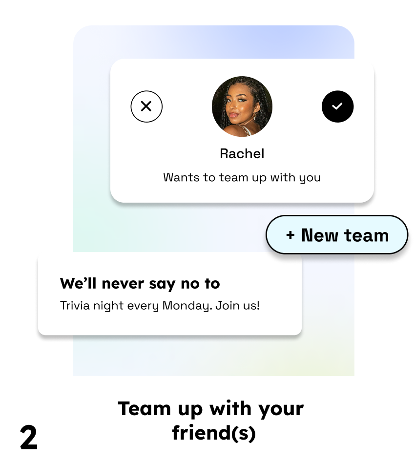A digital interface showing a dating app with profile of Rachel, who wants to team up. There is a prompt about being stranded on an island, a button to add a new team, and a message to team up with friends.