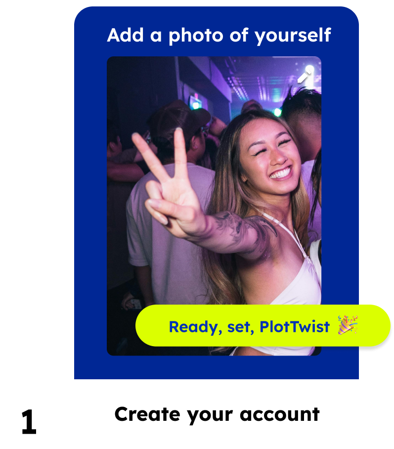 Young single woman smiling and flashing a peace sign at a party or nightclub, with a vibrant, colorful background.
