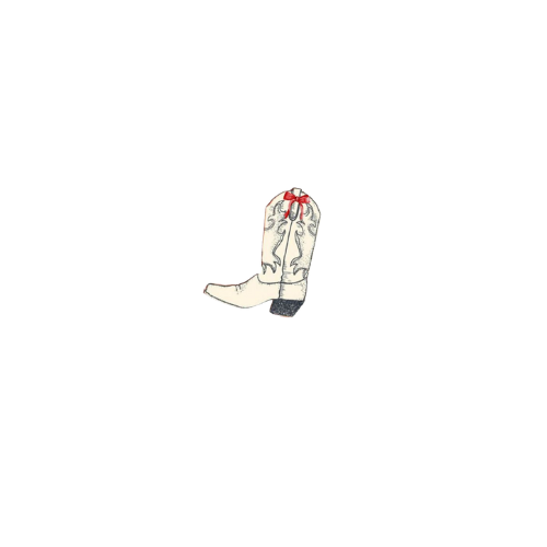 A single white cowboy boot with red laces and a decorative design, positioned next to a handwritten note that says 'Hello from Texas.'