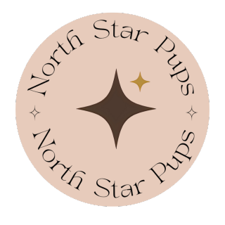 Logo with a brown star and a smaller gold star inside a circular arrangement of the text 'North Star Pups' on a beige background.