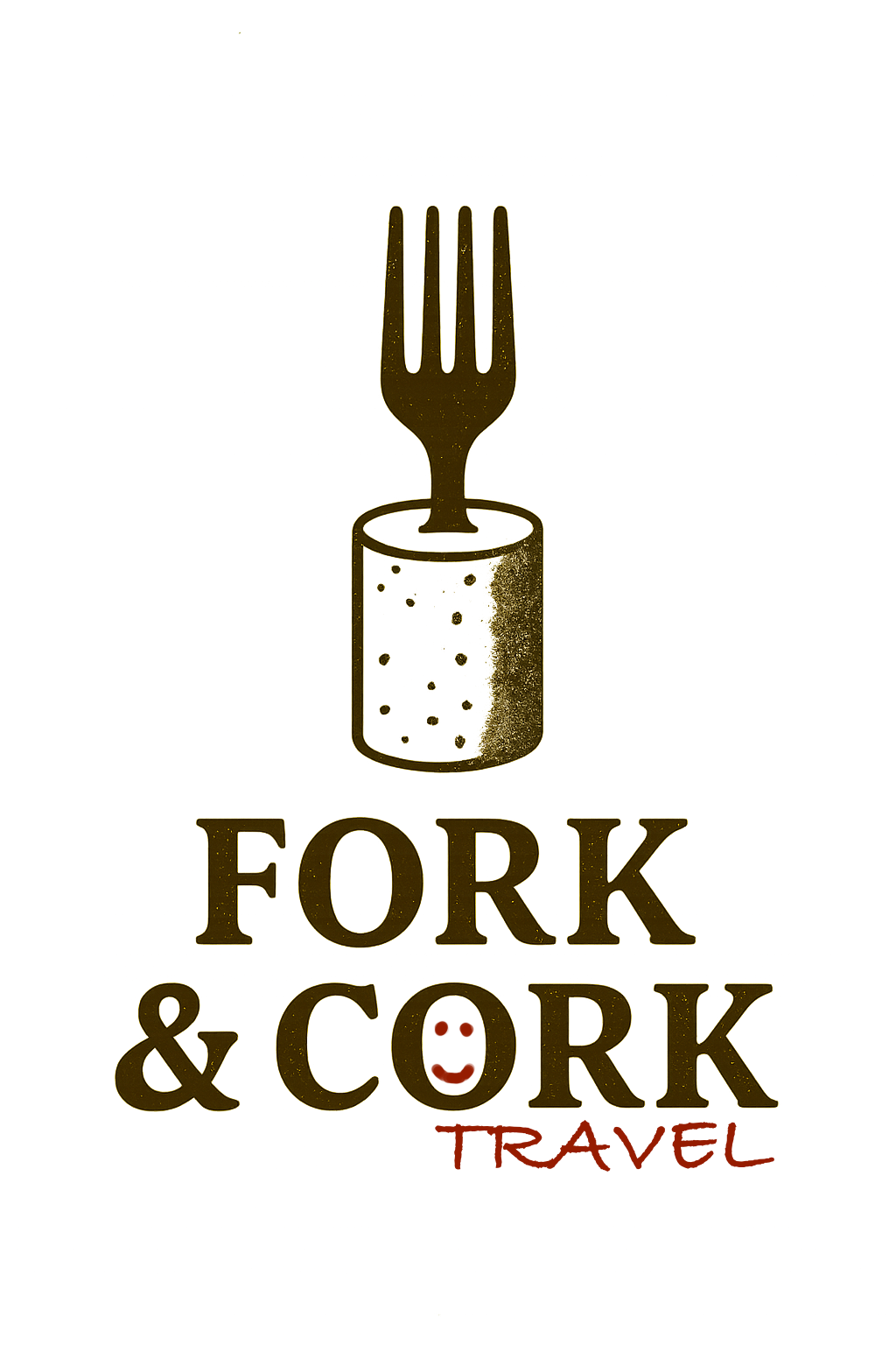 A stylized graphic of a fork inside a can with bubbles, above text that reads "FORK & CORK," with the word "TRAVEL" written below in red, indicating a travel brand or logo.