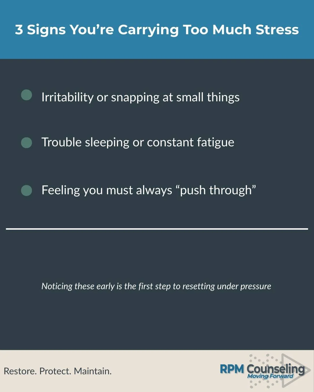 Stress doesn&rsquo;t always show up as panic. Sometimes it&rsquo;s irritability, sleepless nights, or the feeling you must &ldquo;push through&rdquo; no matter what.

If this sounds familiar, you don&rsquo;t have to carry it alone.

👉 Book a free co