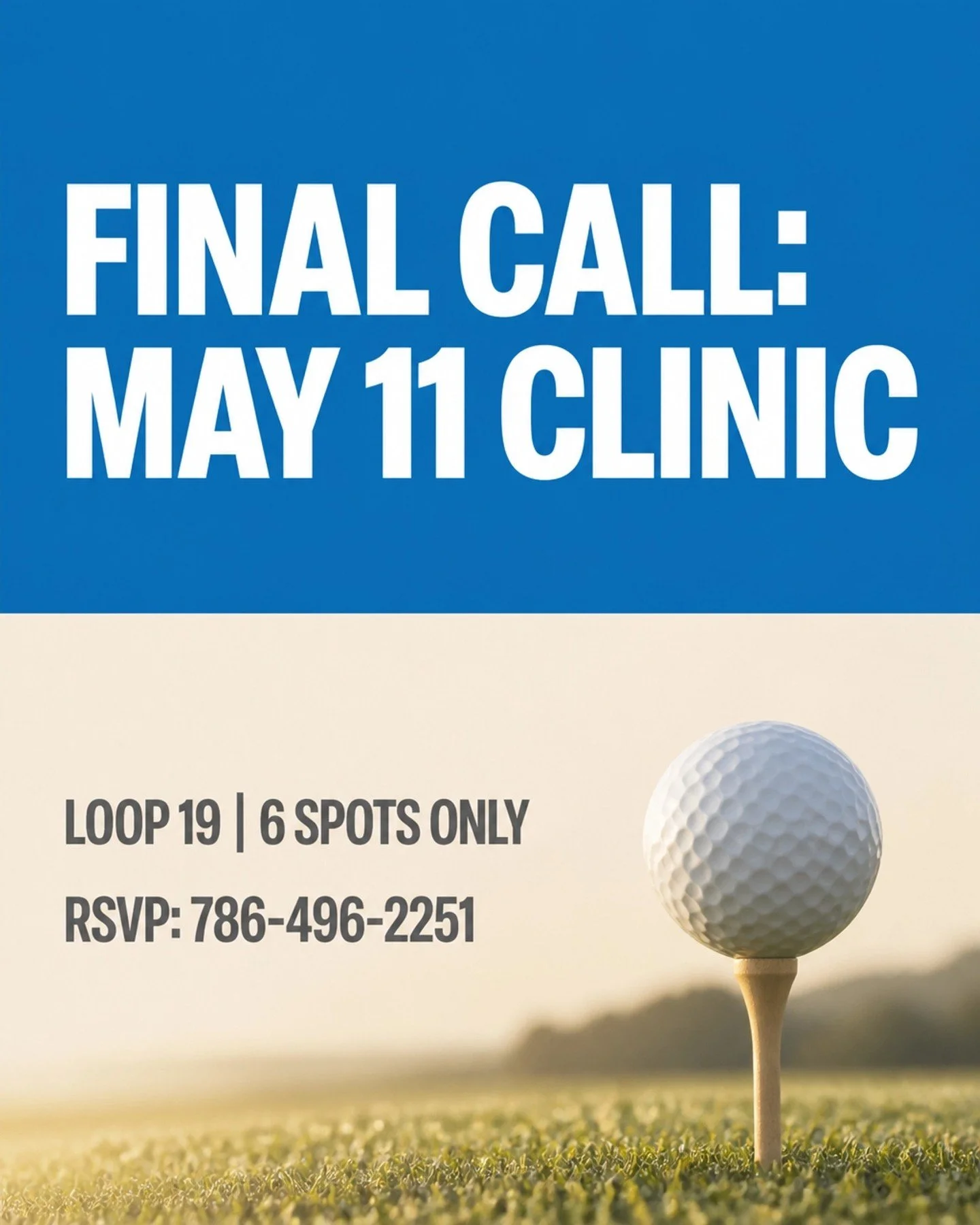 Performance is a result of consistent mental maintenance.

#GolfMentalGame #MentalPerformance #Wagenberg

Secure your spot today.

Only a few of the 6 spots remain for the May 11 clinic at Loop 19. RSVP by texting 786-496-2251. Book your free consult