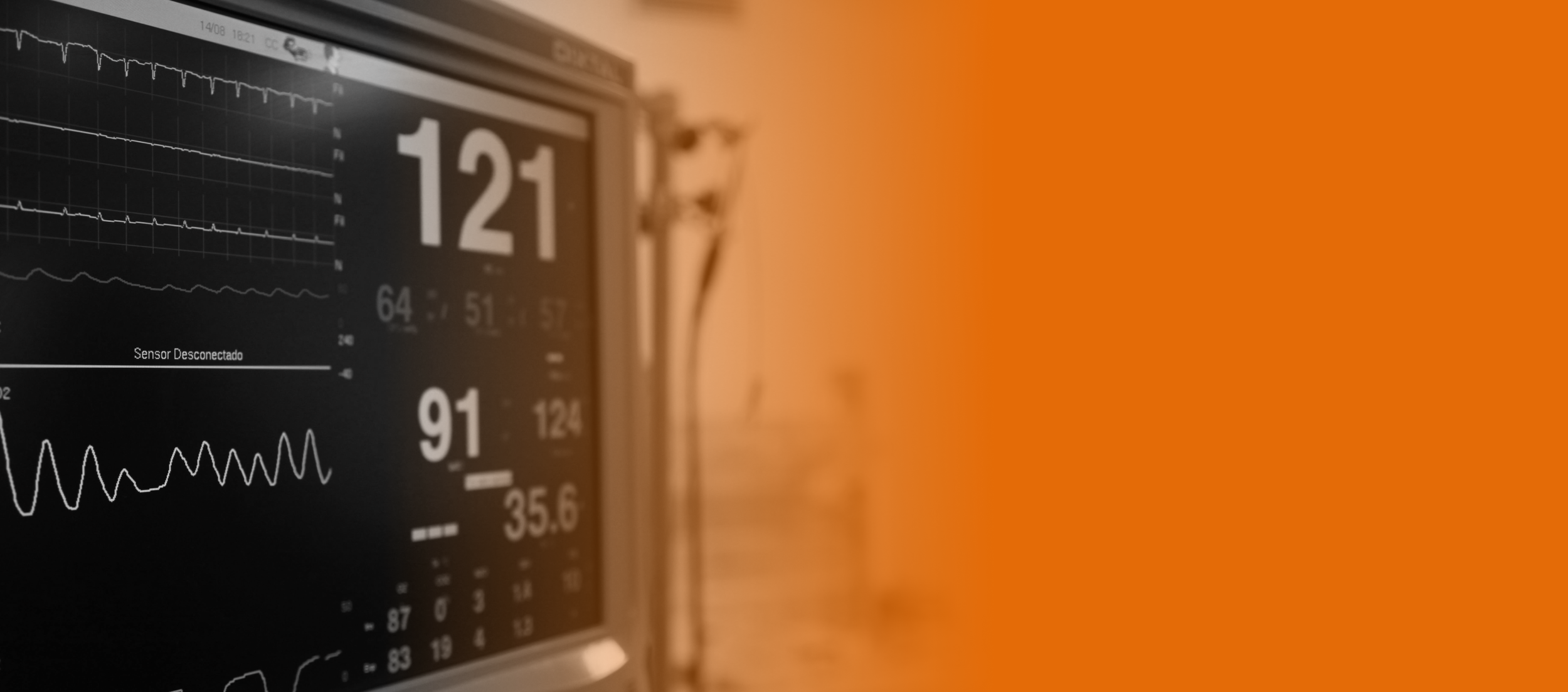 Medical monitor displaying vital signs with graphs and numerical readings, against an orange background.
