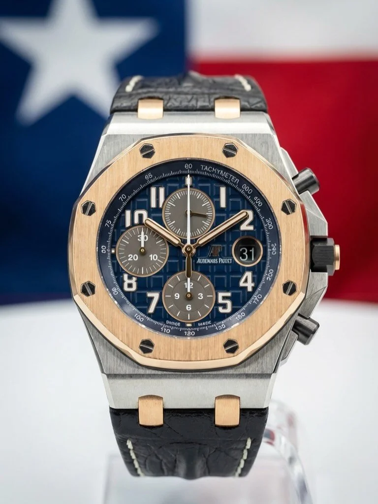 Texas heart, Swiss soul. 🇨🇱⌚ 

The highly sought after Bucherer edition highlights an intricate M&eacute;ga Tapisserie dial and rose gold details of this iconic Audemars Piguet Royal Oak Offshore. Precision has never looked this powerful. 

DM for 