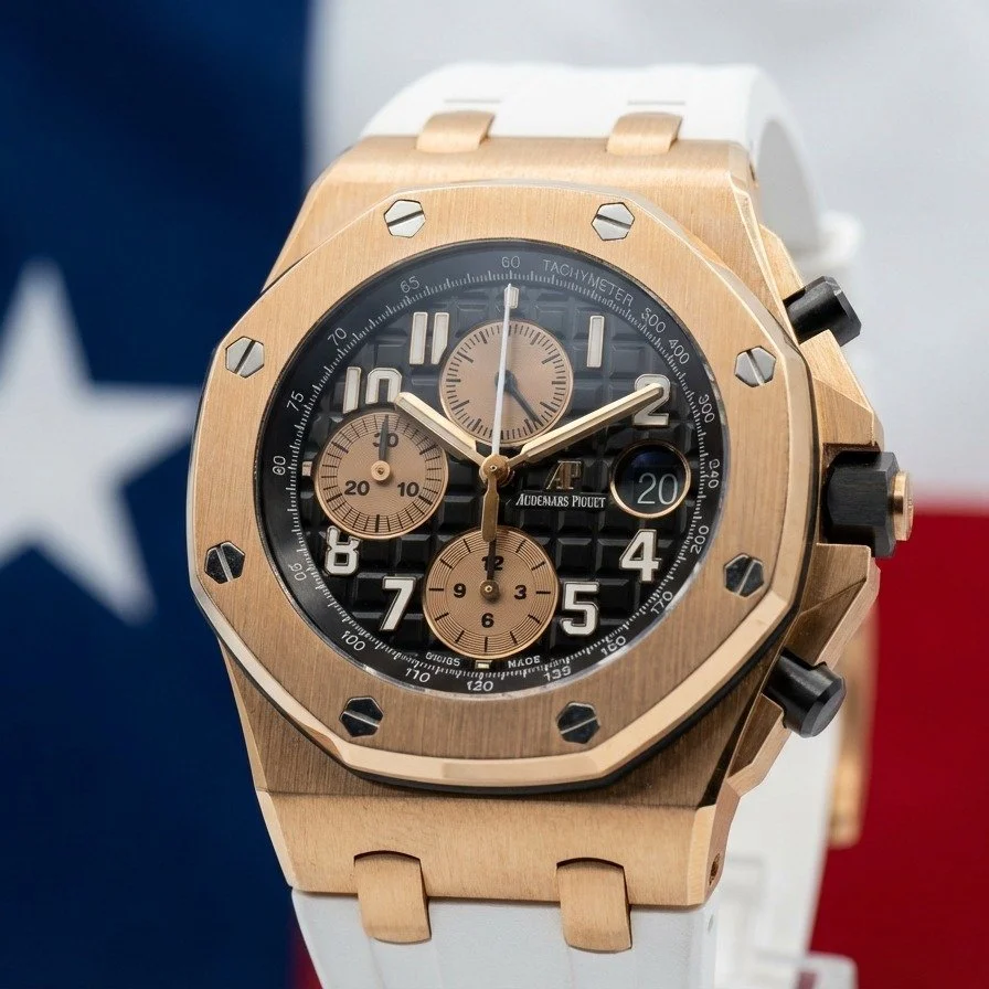 Texas spirit meets Swiss perfection. 🇨🇱⌚

There is nothing quite like the presence of the Audemars Piguet Royal Oak Offshore Half Brick in 18k Rose Gold. Whether you pair it with the luxury black leather strap for formal wear or the OWM AP white ru