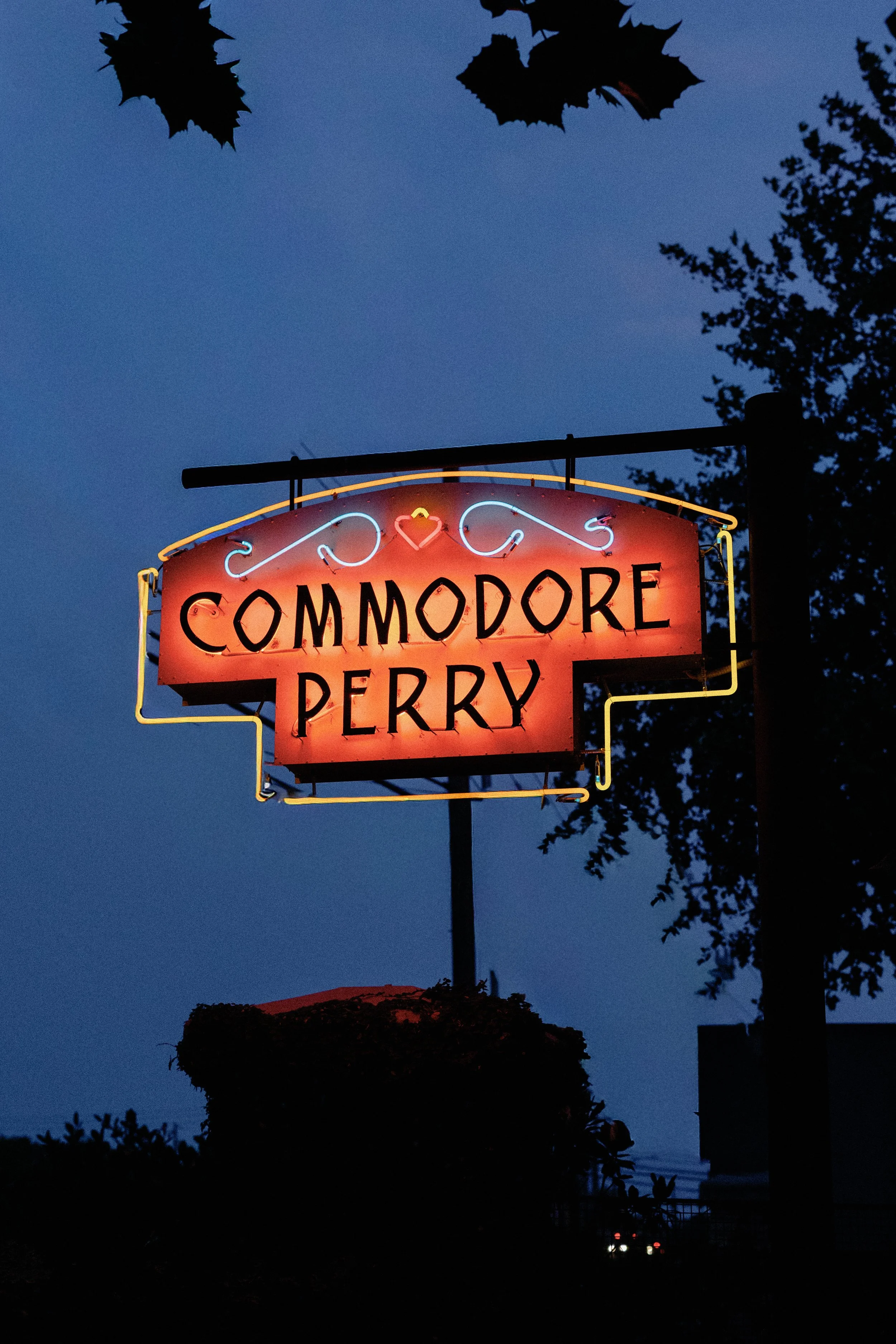 Neon sign for Commodore Perry bar illuminated at night, with dark sky and tree branches around.