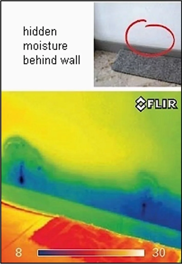 Thermal image showing temperature variations behind a wall with potential hidden moisture, with a color scale from 8 to 30 degrees Celsius.