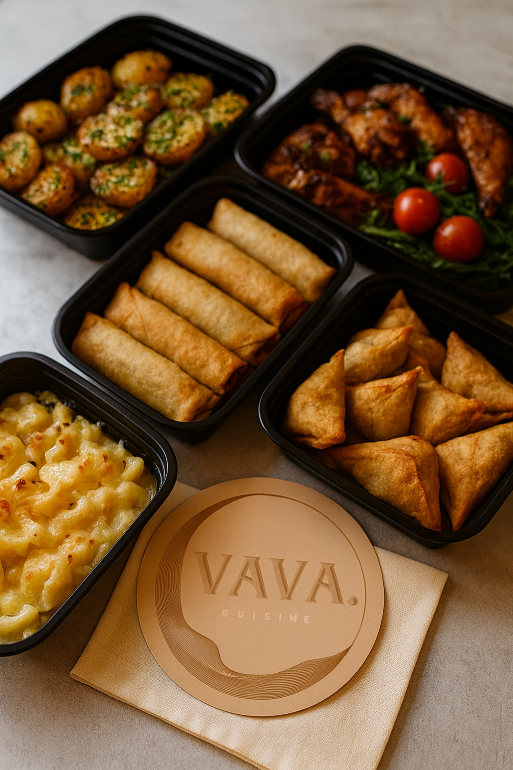 Various takeout dishes in black containers, including fried spring rolls, samosa, mac and cheese, grilled meat and a side of small savory bites, with a beige paper plate that has "Vava Cuisine" written on it and a beige napkin underneath.