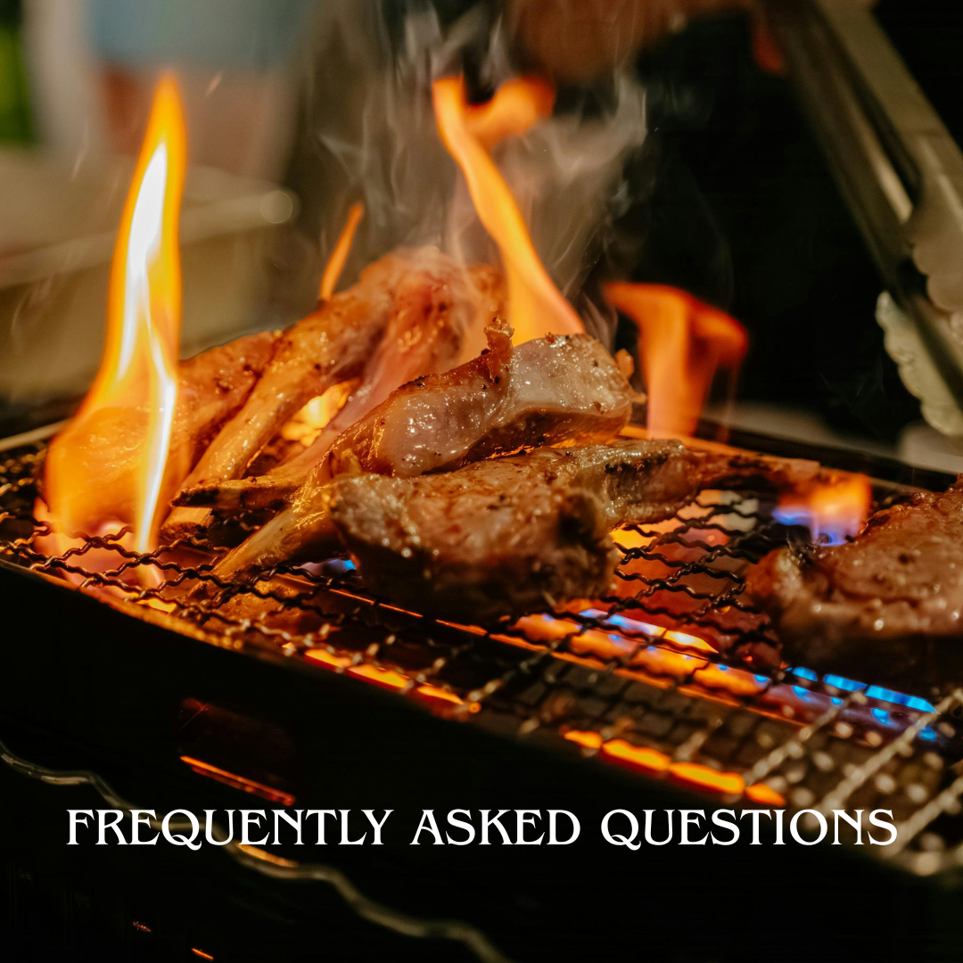 Grilling steaks and meat on a barbecue with flames, with the text 'FREQUENTLY ASKED QUESTIONS' overlaid.