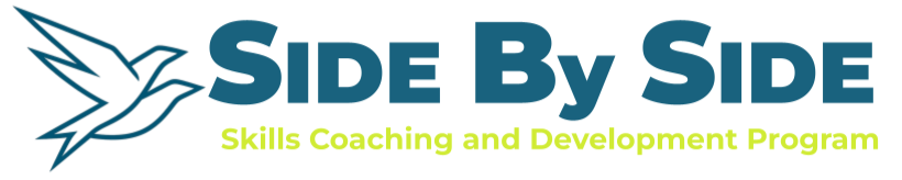 Logo for Side By Side Skills Coaching and Development Program featuring a stylized bird and text in blue and green.