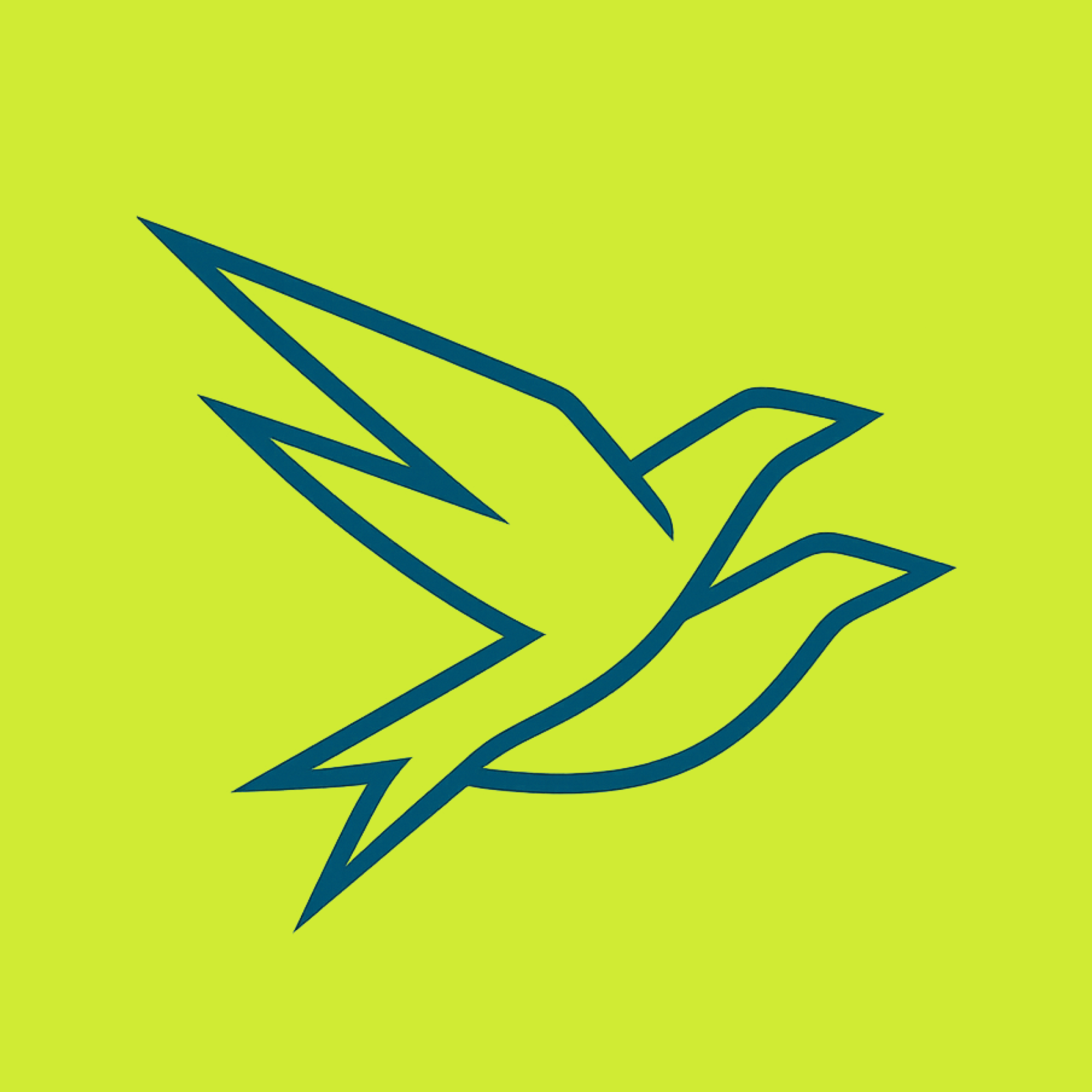 Outline drawing of two hummingbirds in flight against a bright yellow background.