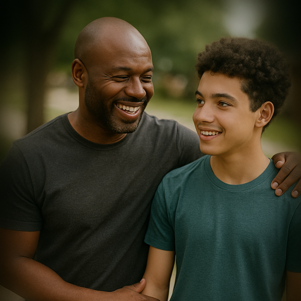 An adult man with dark skin and a shaved head smiling and talking with a teenage boy with curly dark hair, wearing a teal shirt, outdoors in a park or garden.