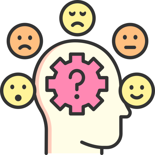 A graphic illustration of a human head with a question mark gear inside it, surrounded by five emoji faces showing different emotions from sad to happy.